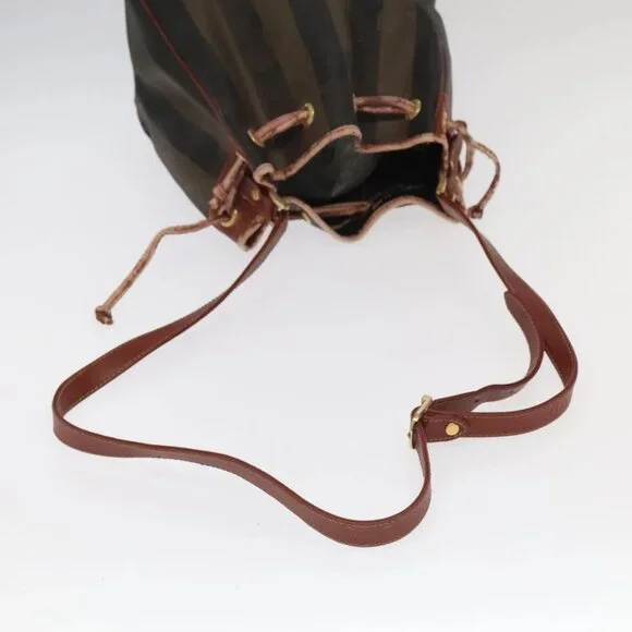 FENDI Pecan Canvas Shoulder Bag Brown Black Gold Auth 102701